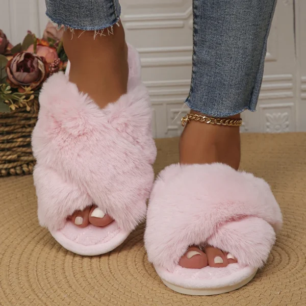 Women's Cross Strap Fluffy Fur Slippers 2023 New Anti-Slip Warm Plush Slippers Women Indoor Soft Bottom Winter Home Shoes Woman